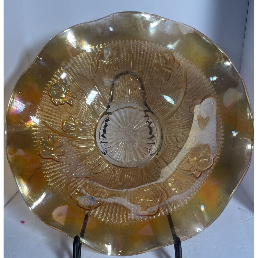 VTG 12" JEANETTE GLASS CO RUFFLED MARIGOLD FRUIT‎ BOWL.  IRIS HERRINGBONE...